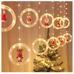 Коледна LED инсталация, 10 светещи ринга с фигурки в топло бяло