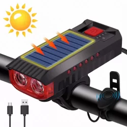 LED соларен фенер и клаксон за велосипед с USB акумулаторна батерия