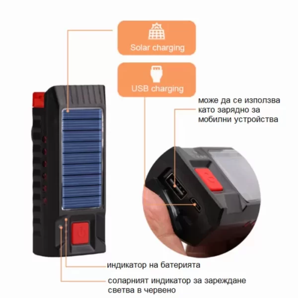 LED соларен фенер и клаксон за велосипед с USB акумулаторна батерия
