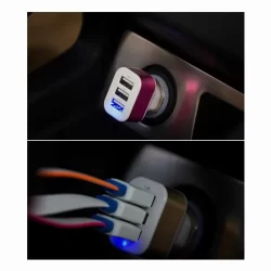Троен USB адаптер за автомобилна запалка 2.1A, 2A, 1A